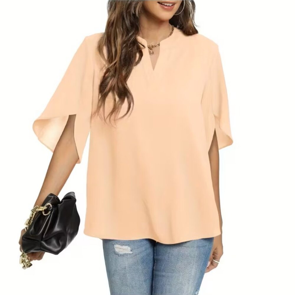 Tan Split-Sleeve V-Neck Women's Top